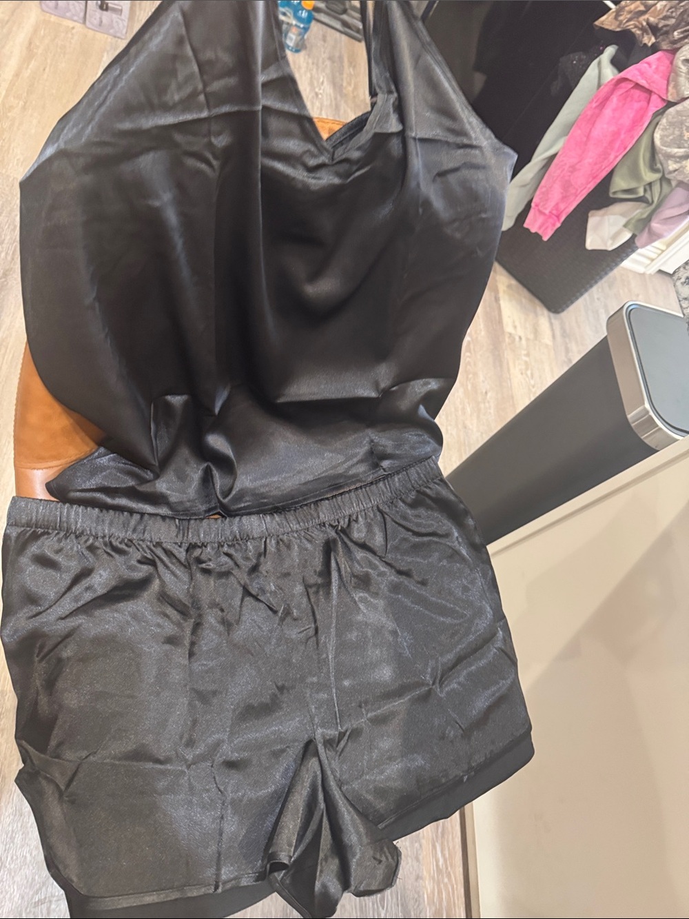 Stretch Satin Black Athletic Shorts with Elastic Waist